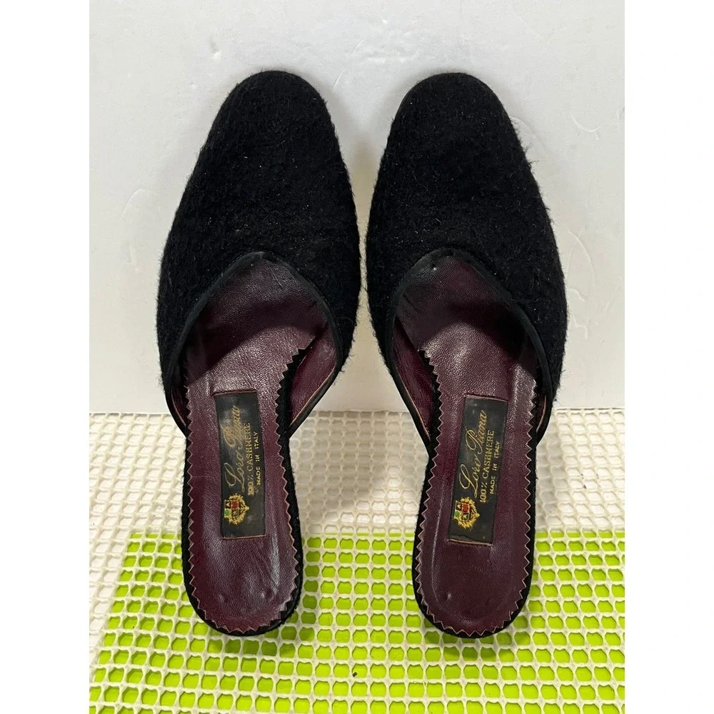Loro Piana Kitten Heel Mules Women's 37 Black 100% Cashmere Almond Toe